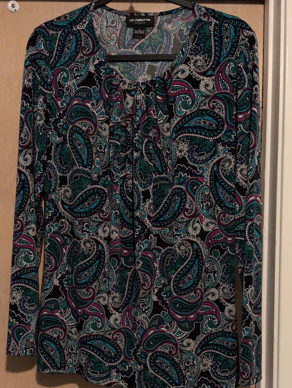 Liz Claiborne Black Teal Purple Paisley Long-Sleeve Top